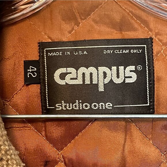 Vintage 70s Campus Tweed Wool USA Made Mid Length Heavy Insulated Overcoat 42 - Picture 11 of 14